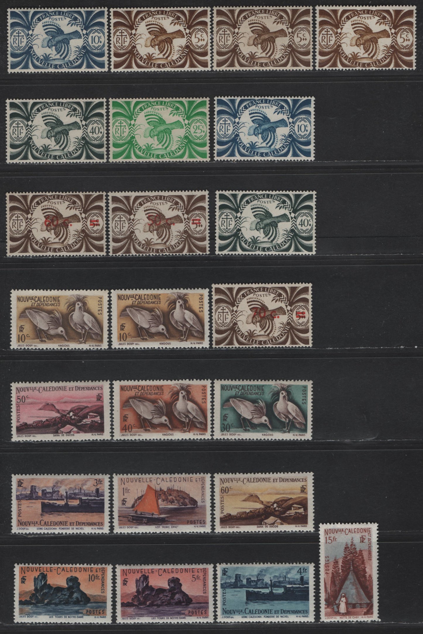 Lot 65 New Caledonia SC#252/292 5c - 15fr Browb - Brown & Gray Kagu - Chieftan's House, 1942-1948 Pictorial Issues, 22 F/VFOG Singles