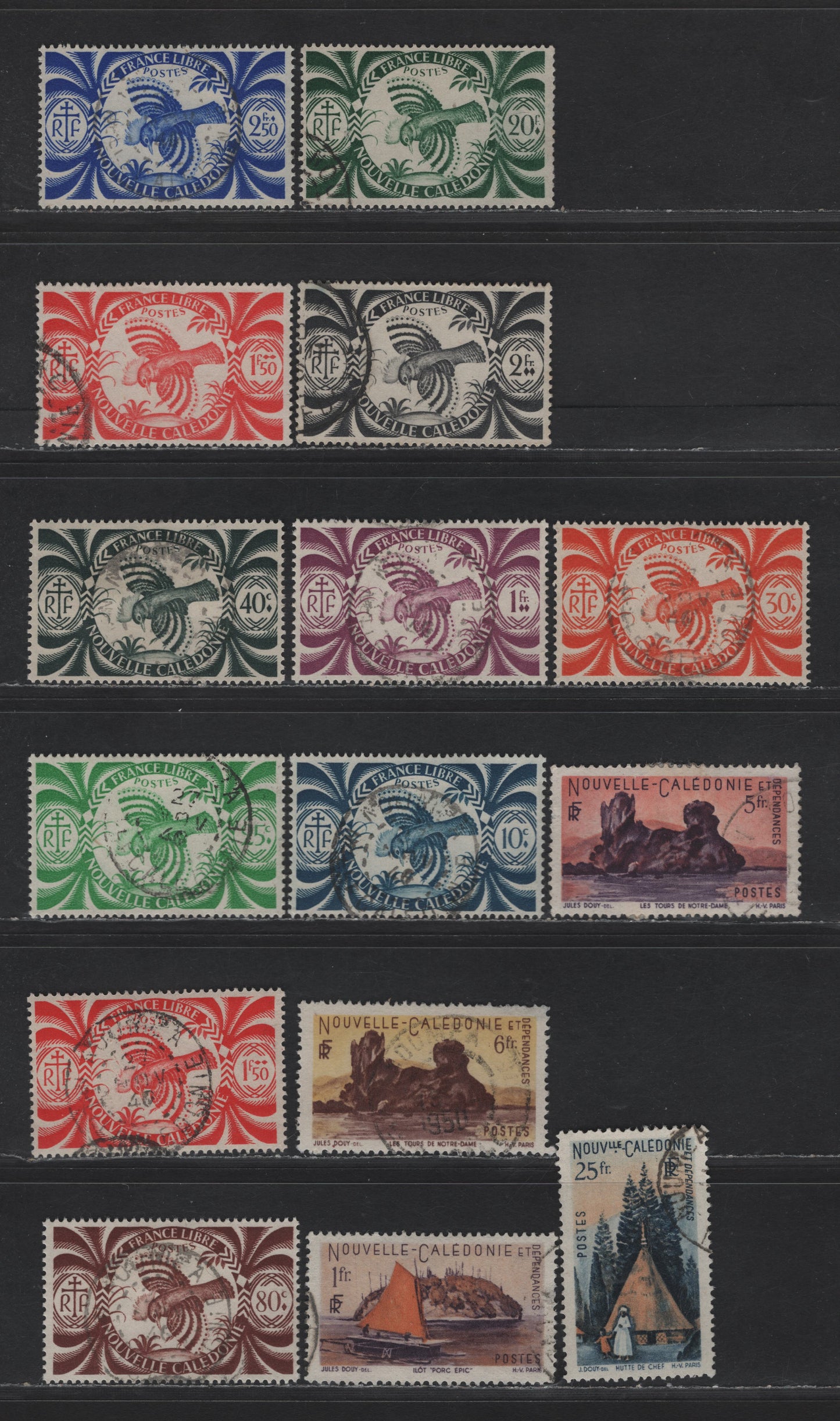 Lot 66 New Caledonia SC#253-265, 282, 289-290, 294 10c - 25fr Dark Gray Blue - Dark Blue & Orange Kagu - Chieftan's House, 1942-1948 Pictorial Issues, 15 Very Fine Used Singles