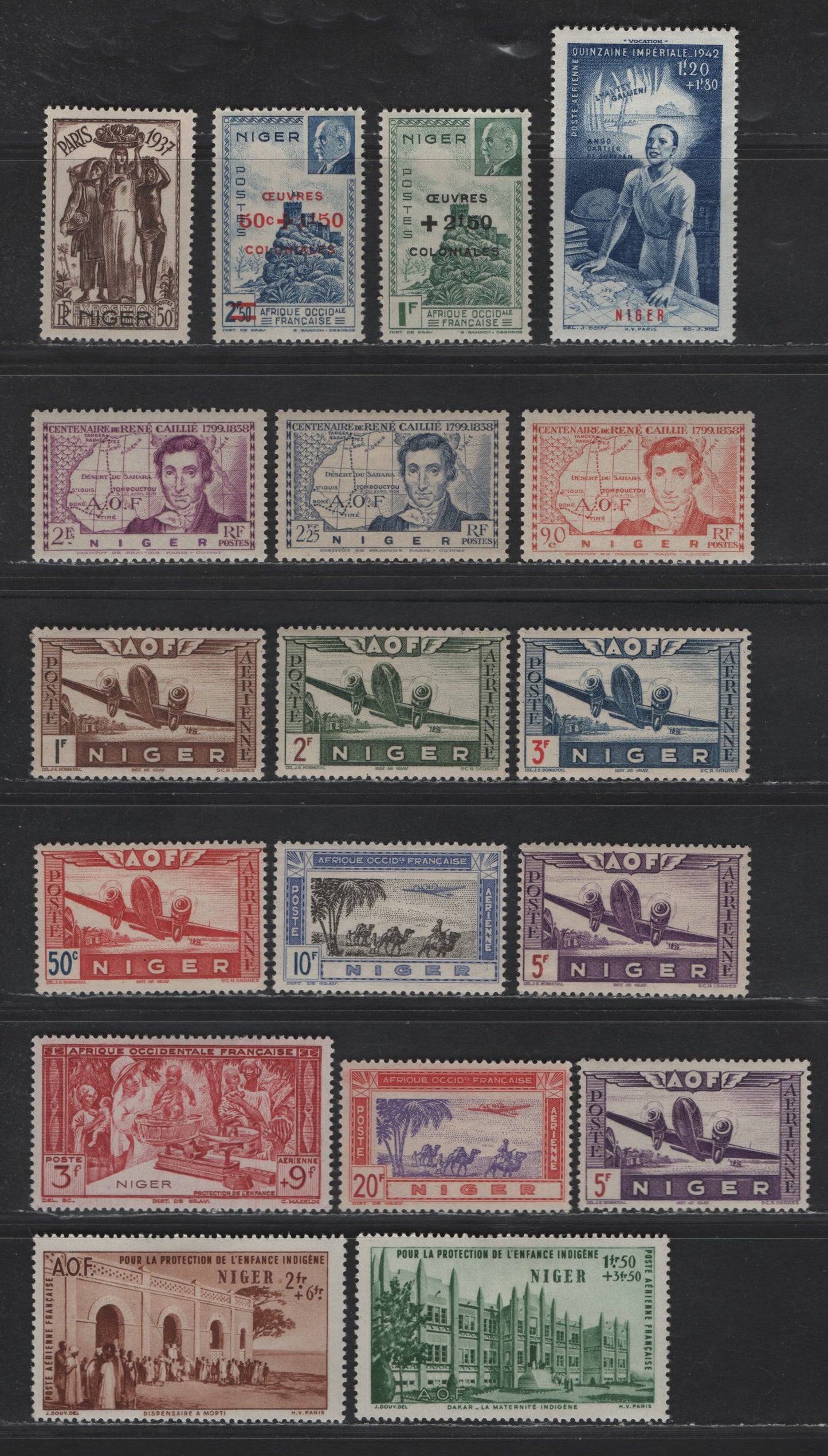 Lot 68 Niger SC#B13A-B, C6-C12, 80, 84-86, CB1-4 50c+1.50fr - 1.20fr+1.80fr Deep Blue - Blue & Red Zinder Fortress - Colonial Education Fund, 1939-1944 Caillie, Semi Postal, Airmail & Airmail Semi Postal Issues, 18 VFOG Singles