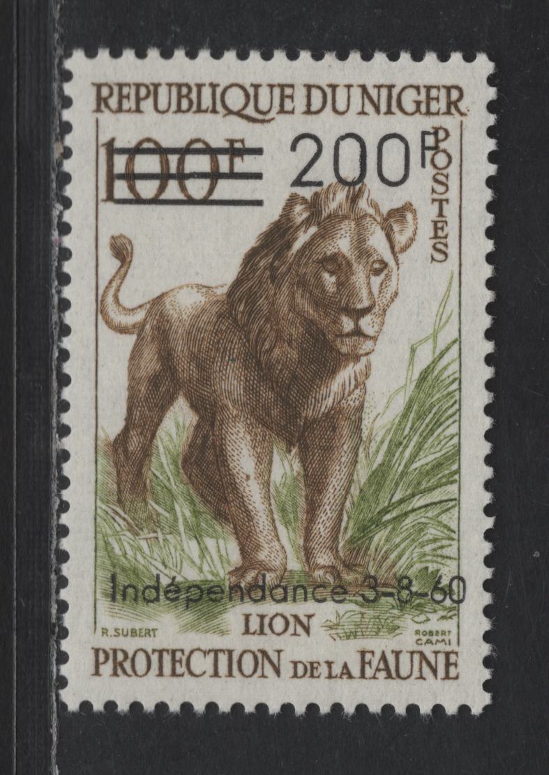 Lot 69 Niger SC#103 200fr on 100fr Bistre Yellow & Green Lion, 1960 Independence Surcharge, A VFNH Single, Low Fluorescent Paper