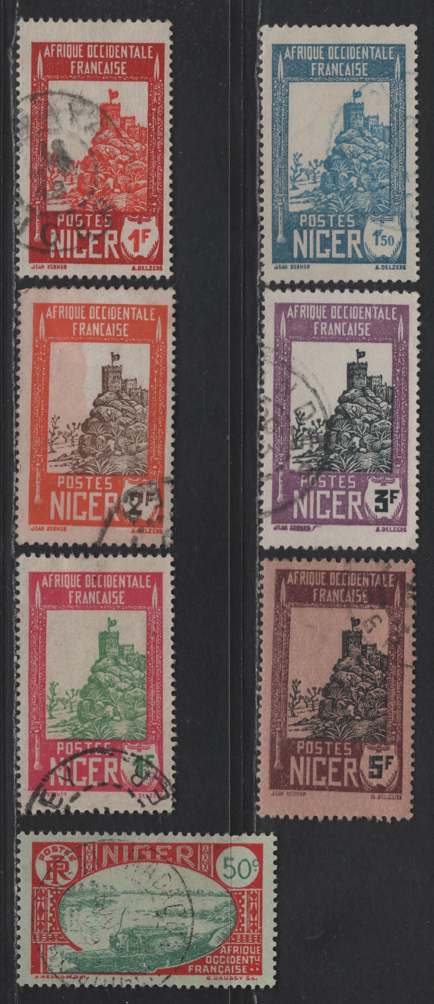 Lot 70 Niger SC#46, 55-56, 62, 66, 69-70 50c - 5fr Scarlet & Green on Green - Violet Brown & Black on Pink Boat on Niger River - Zinder Fortress, 1926-1940 Pictorial Definitive Issue, 7 Very Fine Used Singles