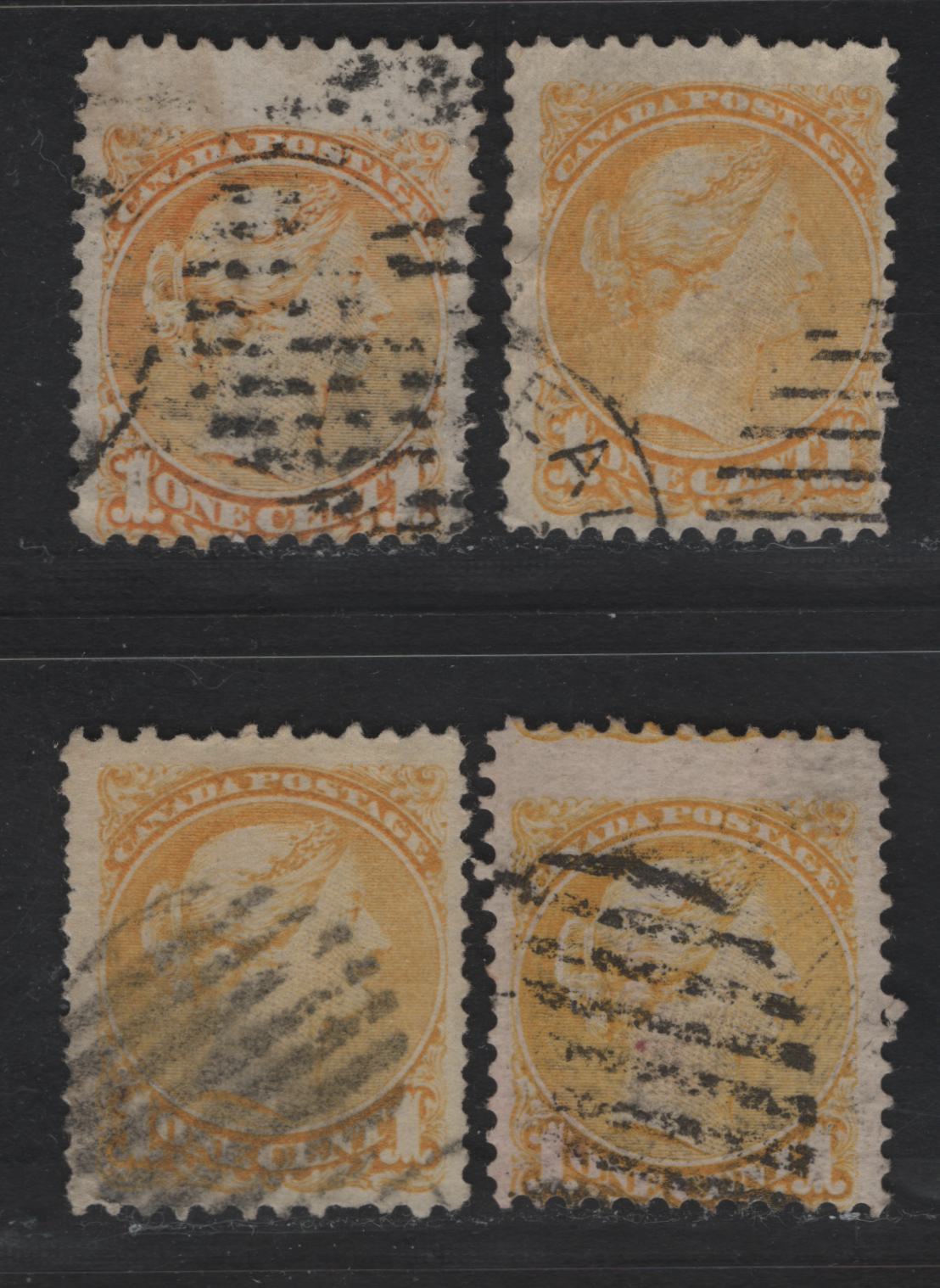 Lot 7 Canada #35vii & 35viii 1c Yellow & Lemon Yellow Queen Victoria, 1870-1893 Small Queen Issue, 4 Ungraded Used Singles, Mid Montreal Printings, Paper Types MM-B, MM-J, MM-K & MM-F