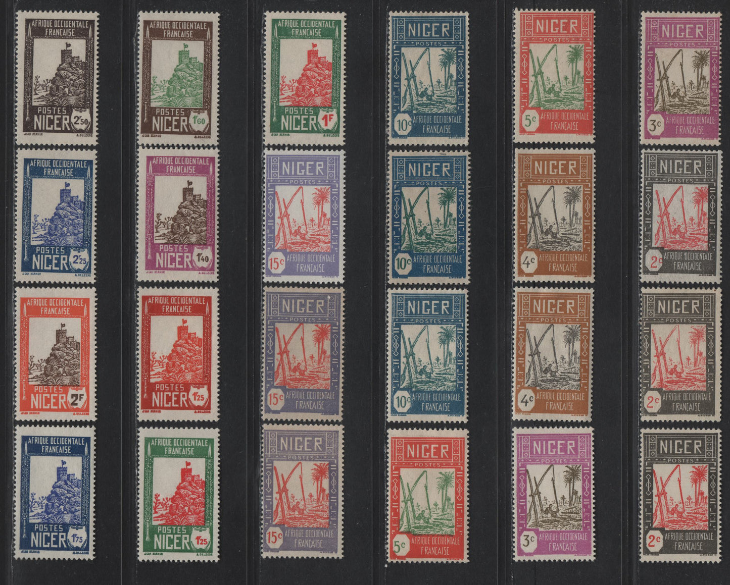Lot 71 Niger SC#29-34, 36-37, 39, 44, 53, 57, 59-61, 63, 65-68 1c - 2.50fr Lilac Rose & Olive - Black Brown Drawing Water from Well - Zinder Fortress, 1926-1940 Pictorial Definitive Issue, 38 F/VFOG Singles, Additional Shades