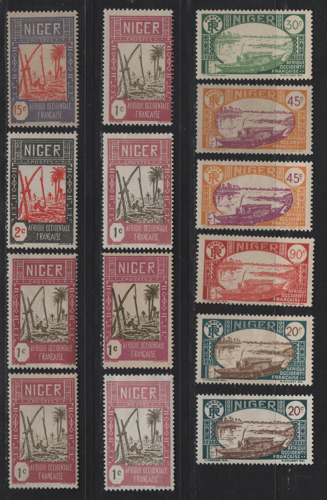 Lot 71 Niger SC#29-34, 36-37, 39, 44, 53, 57, 59-61, 63, 65-68 1c - 2.50fr Lilac Rose & Olive - Black Brown Drawing Water from Well - Zinder Fortress, 1926-1940 Pictorial Definitive Issue, 38 F/VFOG Singles, Additional Shades
