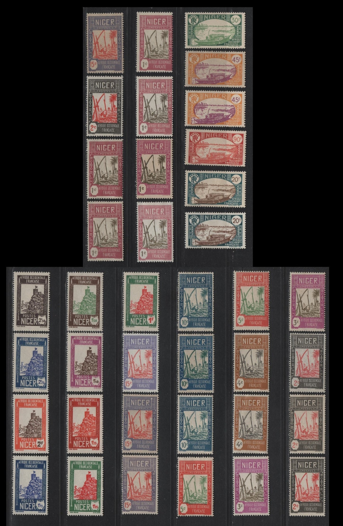 Lot 71 Niger SC#29-34, 36-37, 39, 44, 53, 57, 59-61, 63, 65-68 1c - 2.50fr Lilac Rose & Olive - Black Brown Drawing Water from Well - Zinder Fortress, 1926-1940 Pictorial Definitive Issue, 38 F/VFOG Singles, Additional Shades