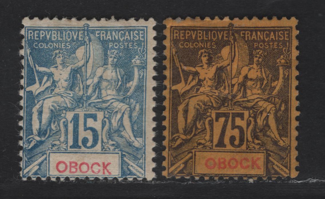 Lot 76 Obock SC#37, 43 15c & 75c Blue & Violet Navigation & Commerce, 1892 Navigation & Commerce Issue, 2 FOG Singles