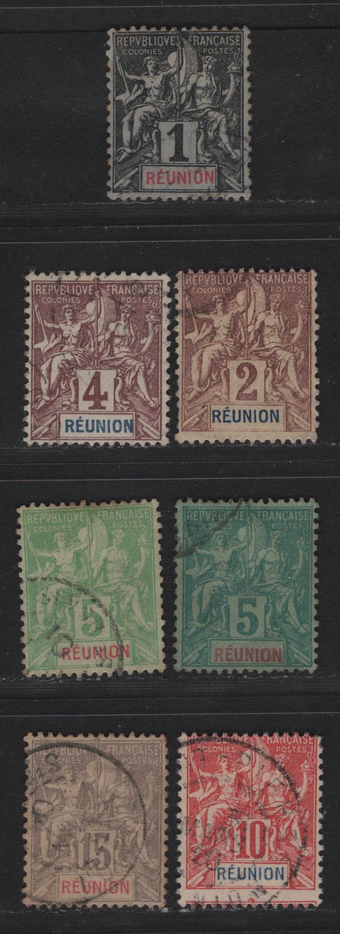 Lot 78 Reunion SC#34-38, 40, 42 1c - 15c Black on Lilac Blue - Gray Navigation & Commerce, 1892-1905 Navigation & Commerce Issue, 7 Very Good/Fine/Very Fine Used Singles