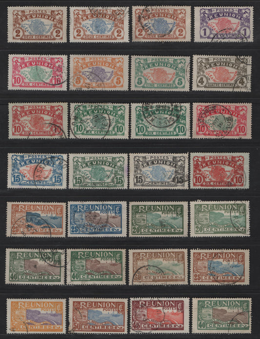 Lot 79 Reunion SC#60-74, 79, 81, 83, 85 1c - 50c Violet & Light Rose - Yellow & Violet Map of Reunion - Coat of Arms & View of St. Denis, 1907-1930 Definitive Issue, 28 Fine/Very Fine Used Singles, Additional Shades