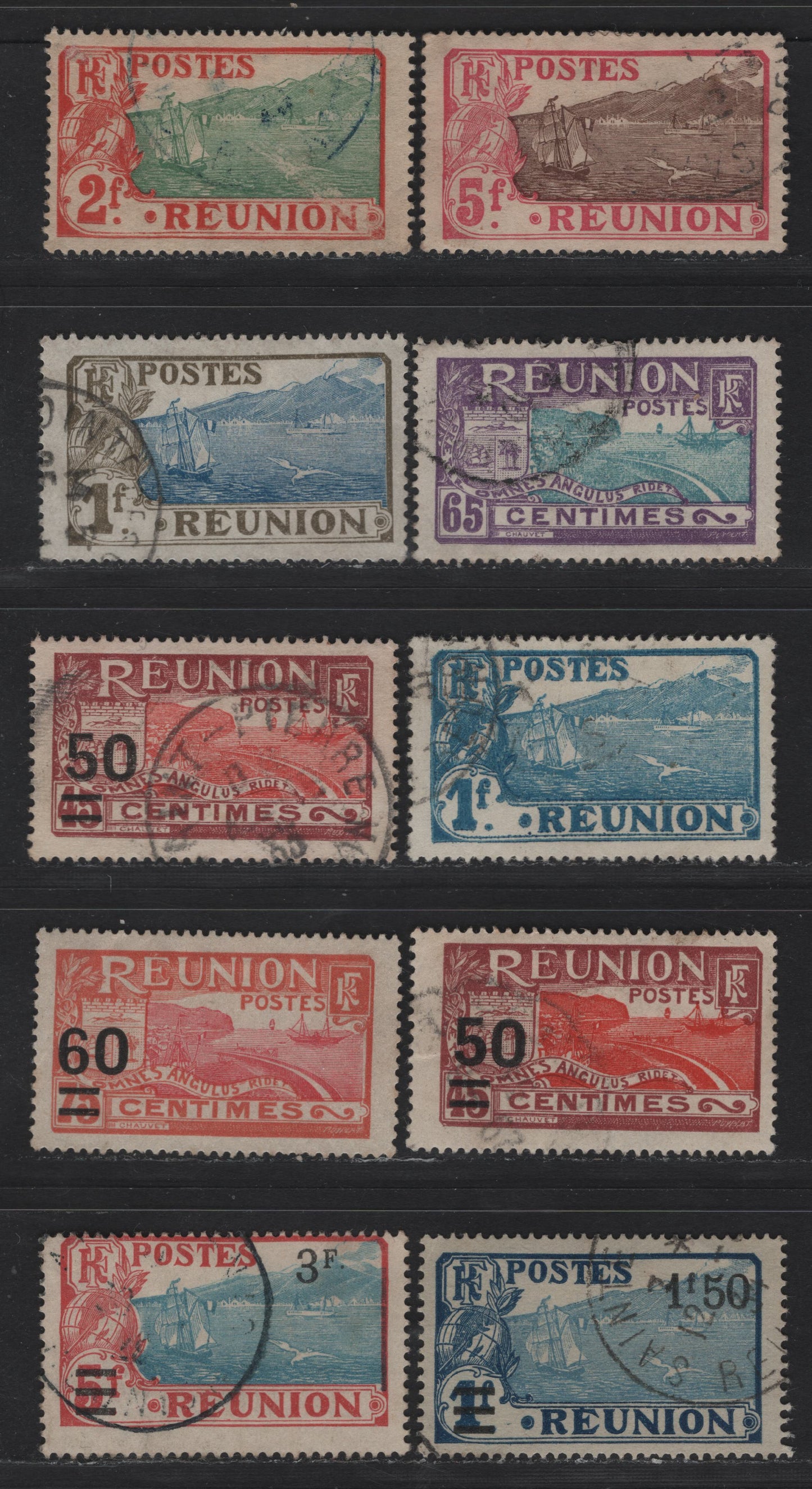 Lot 80 Reunion SC#87, 91-92, 96, 98, 109, 111, 118-119 65c - 3f on 5f Violet & Light Blue - Dull Red & Light Blue Coat of Arms - View of St. Pierre, 1907-1930 Pictorial Definitives & Surcharge Issues, 10 Fine/Very Fine Used Singles