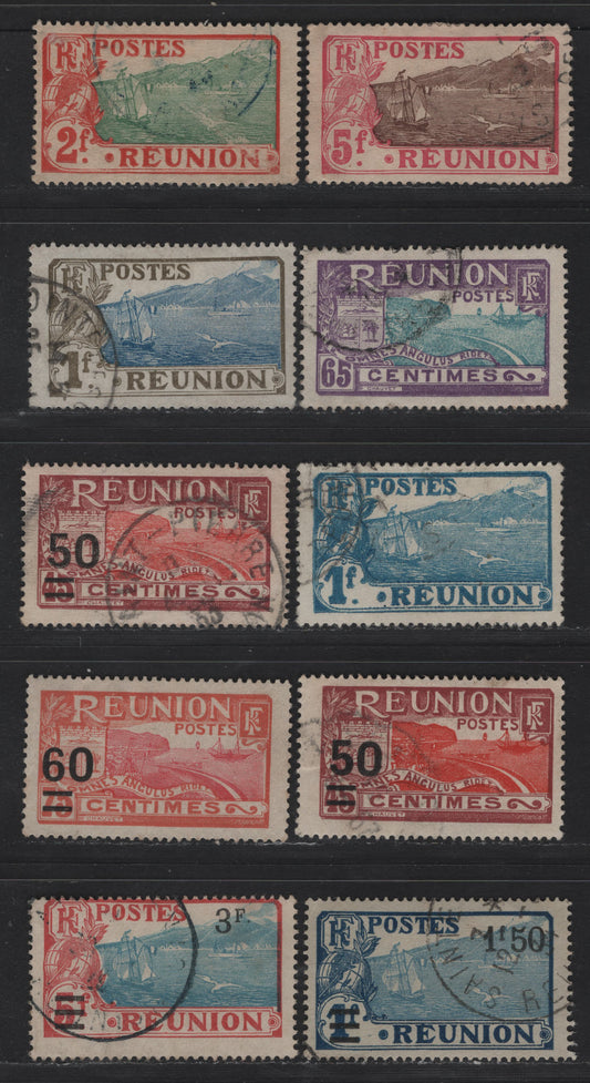 Lot 80 Reunion SC#87, 91-92, 96, 98, 109, 111, 118-119 65c - 3f on 5f Violet & Light Blue - Dull Red & Light Blue Coat of Arms - View of St. Pierre, 1907-1930 Pictorial Definitives & Surcharge Issues, 10 Fine/Very Fine Used Singles
