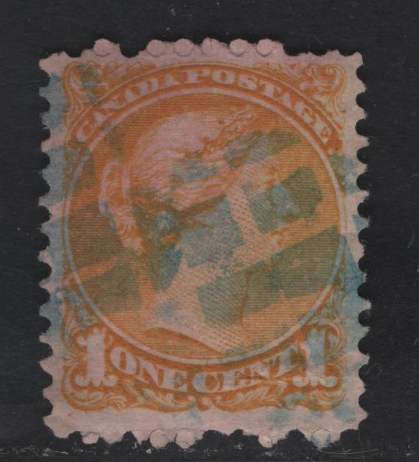Lot 8 Canada #35vii 1c Deep Yellow Queen Victoria, 1870-1893 Small Queen Issue, A Fine Used Single, Mid Montreal Printing, Paper Type MM-B, Perf 11.75x12, Blue Cork Cancel
