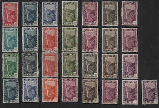 Lot 81 Reunion SC#126-133, 135, 155, 157 1c - 1.60fr Violet - Dark Carmine Rose Cascade of Salazie, 1933-1940 Pictorial Definitive Issue, 29 VFOG Singles, Crackly & Glossy Gum, Many Unlisted Shades
