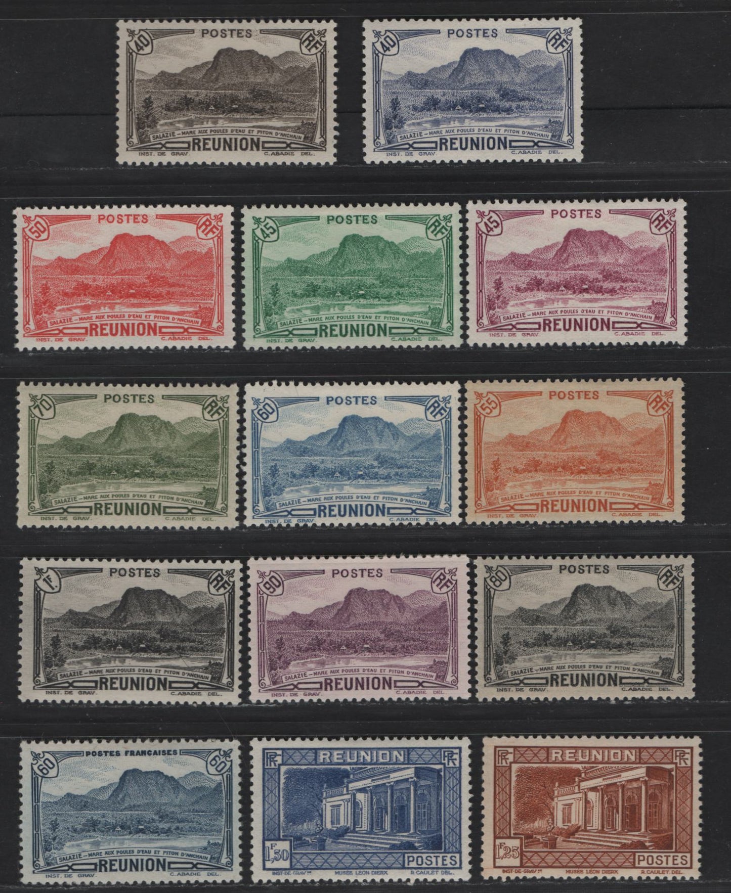 Lot 82 Reunion SC#137-143, 145, 147, 149, 152-153, 156, 237A 40c - 1.50fr Ultramarine Waterfowl Lake & Anchain Peak - Leon Dierx Museum, St. Denis, 1933-1940 Pictorial Definitives, 14 VFOG Singles