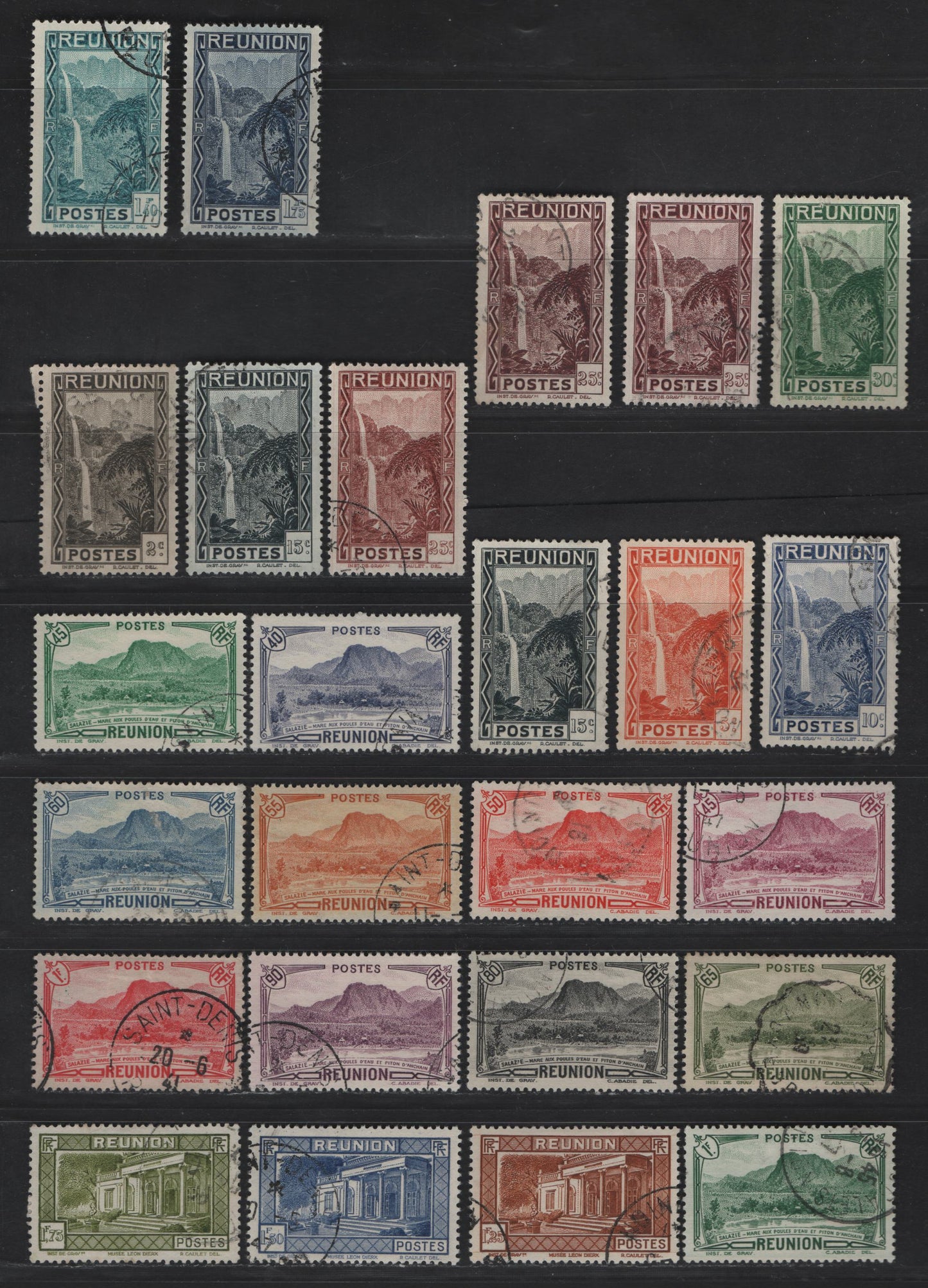 Lot 83 Reunion SC#127/159 2c - 1.75fr Dark Brown - Dark Blue Cascade of Salazie - Leon Dierx Museum, 1933-1940 Pictorial Definitives, 25 Very Fine Used Singles