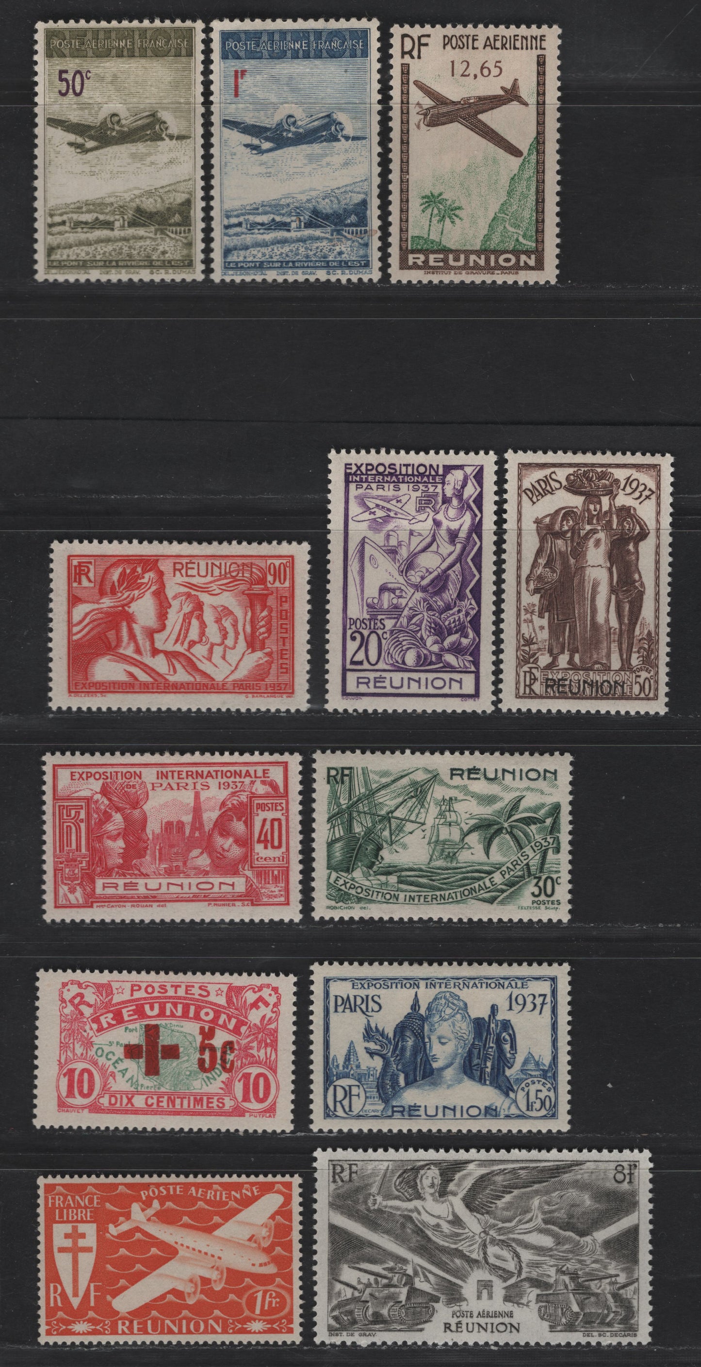 Lot 84 Reunion SC#167-172, B2, C5-C7, C25, C18 20c - 8fr Deep Violet - Olive Gray Paris Expo - Victory, 1937-1946 Paris Expo - Victory Airmail Issues, 12 VFOG Singles