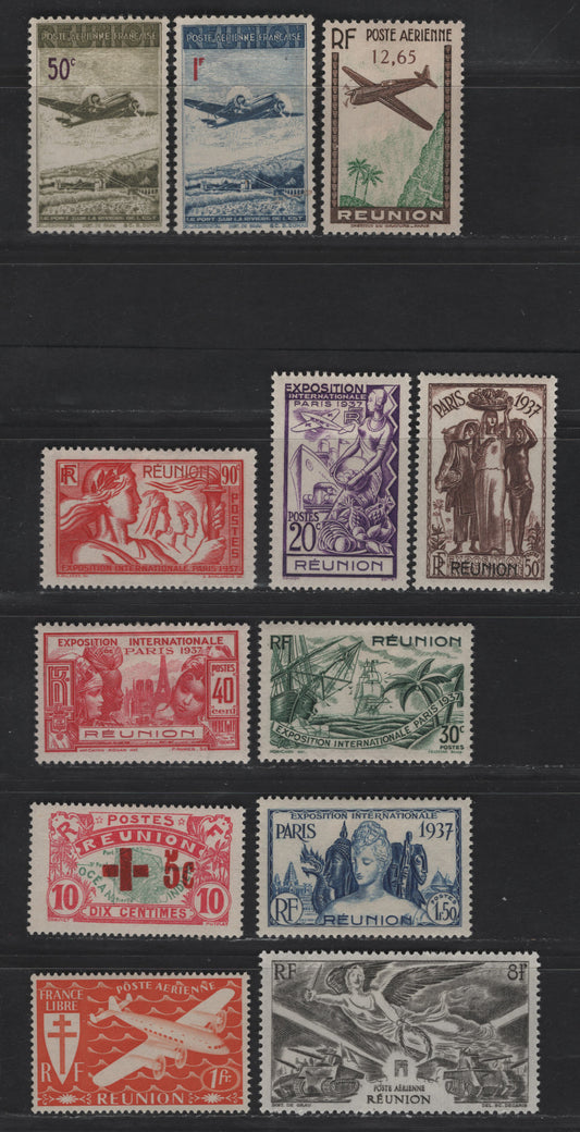 Lot 84 Reunion SC#167-172, B2, C5-C7, C25, C18 20c - 8fr Deep Violet - Olive Gray Paris Expo - Victory, 1937-1946 Paris Expo - Victory Airmail Issues, 12 VFOG Singles
