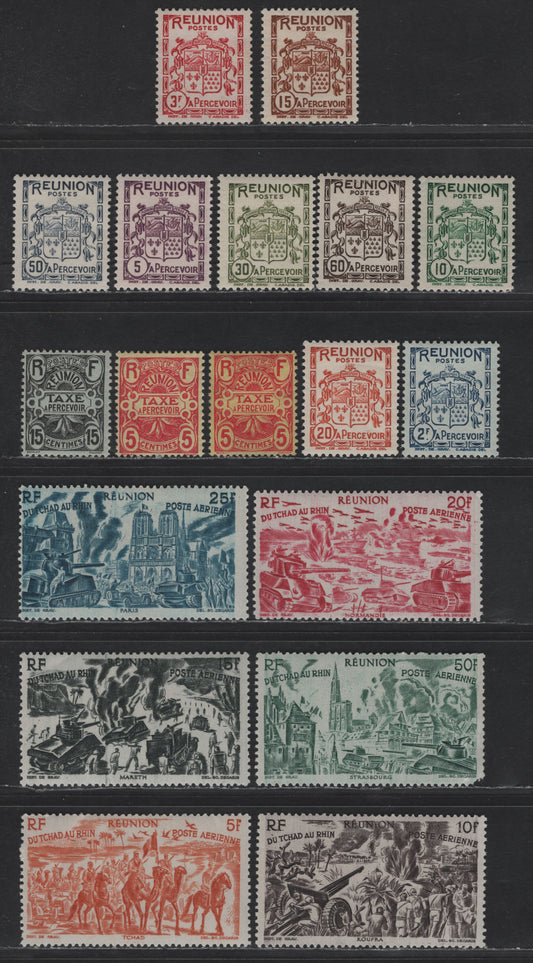Lot 85 Reunion SC#C26-C31, J6, J8, J16-J22, J24-J25 5fr - 3fr Orange - Carmine Chad to Rhine - Arms of Reunion, 1933-1946 Airmail & Postage Due Issues, 18 VFOG Singles