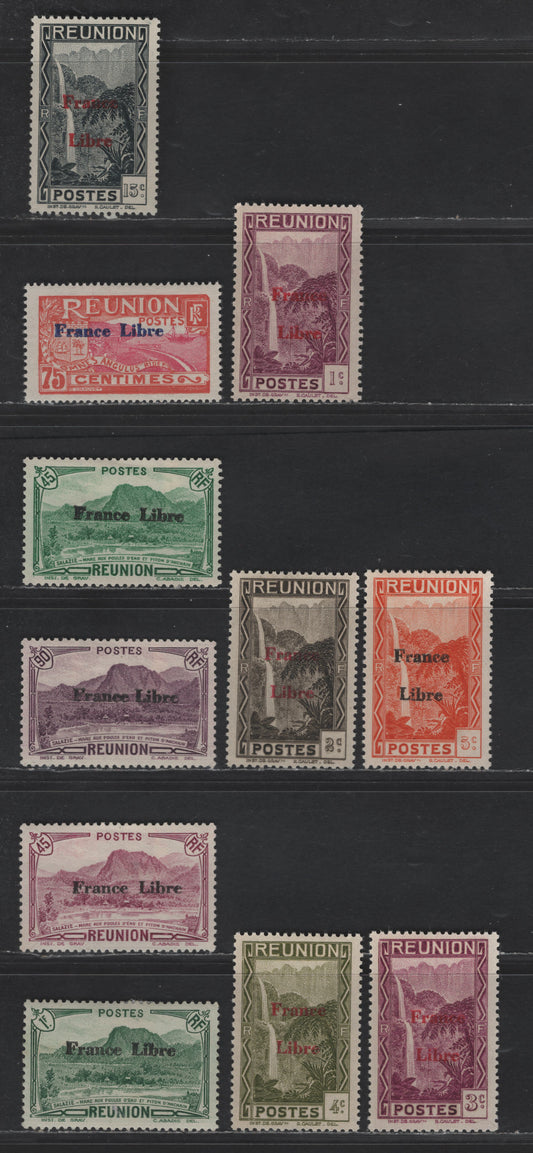 Lot 86 Reunion SC#181-182, 184-185, 187, 179, 194-195, 203-204 75c - 1fr Red Lilac & Rose - Green Cascade of Salazie - Leon Dierx Museum, 1943 France Libre Overprinted Issue, 11 VFOG Singles
