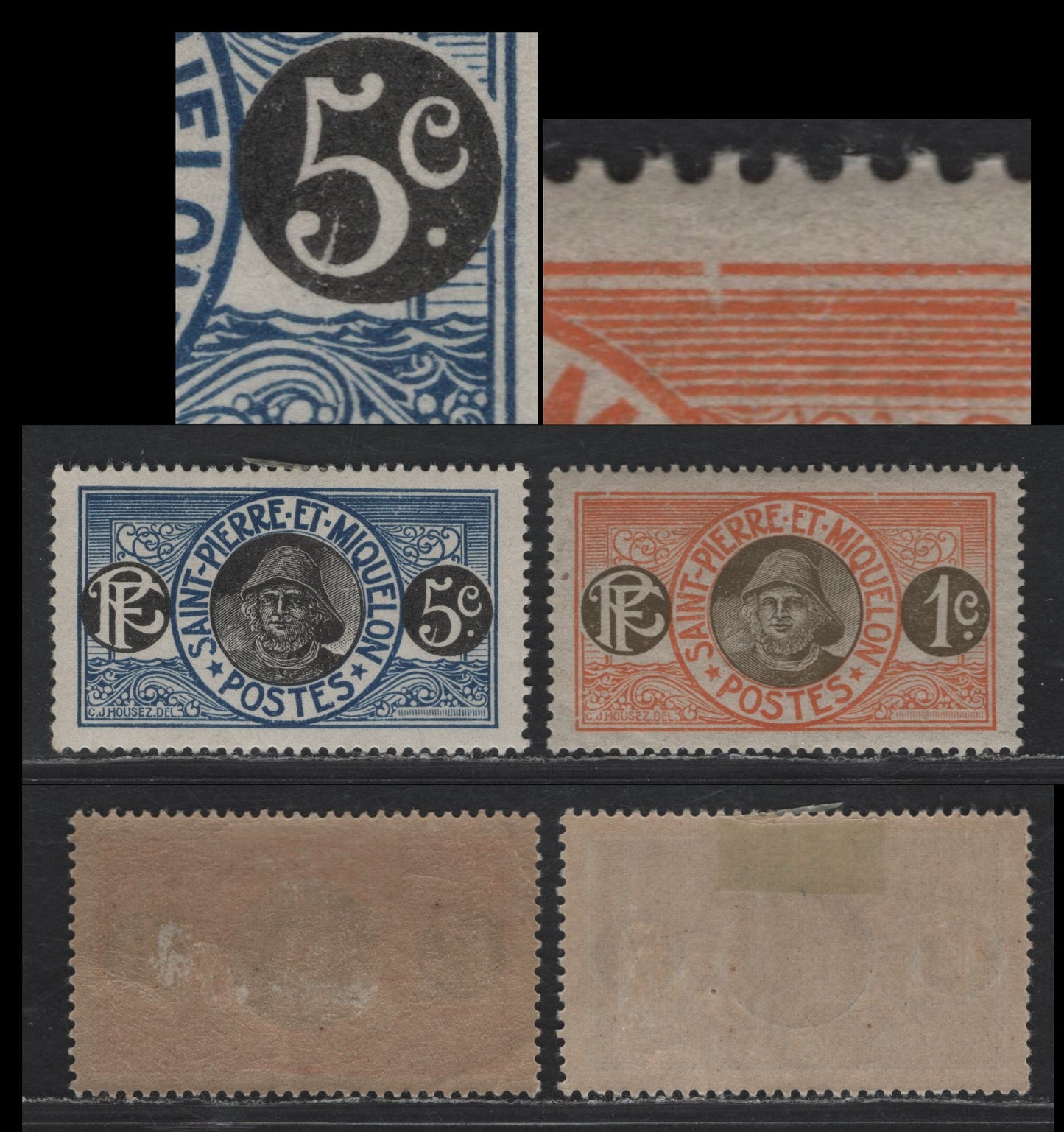 Lot 87 St Pierre & Miquelon SC#79var & 83var 1c - 5c Orange Red & Olive - Blue & Black Fisherman, 1909-1930 Pictorial Definitive Issue, 2 VFOG Singles, Large Spur on '5' & Break In Upper Frameline