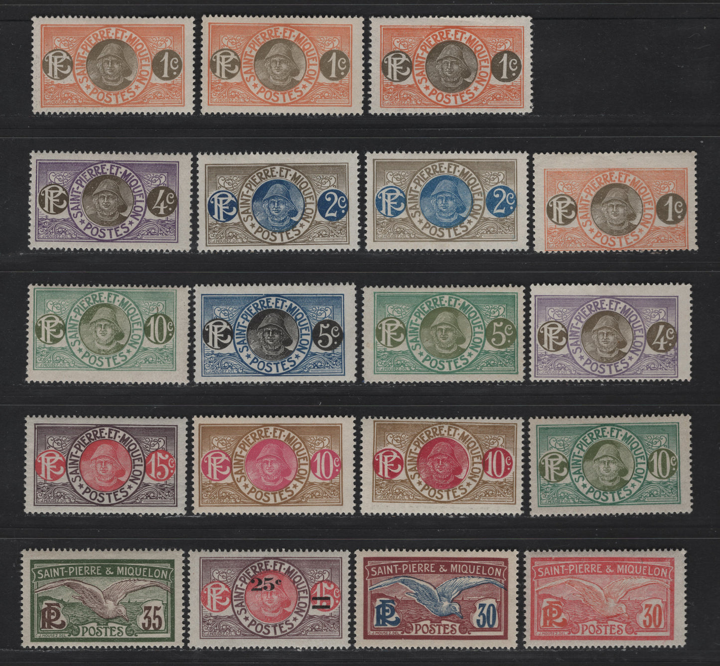Lot 88 St Pierre & Miquelon SC#79-83, 85-86A, 91-92, 94. 121 1c - 35c Orange Red & Olive - Olive Green & Violet Brown Fisherman - Fulmar Petrel, 1909-1930 Pictorial Definitive Issue, 19 F/VFOG Singles, Extra Shades