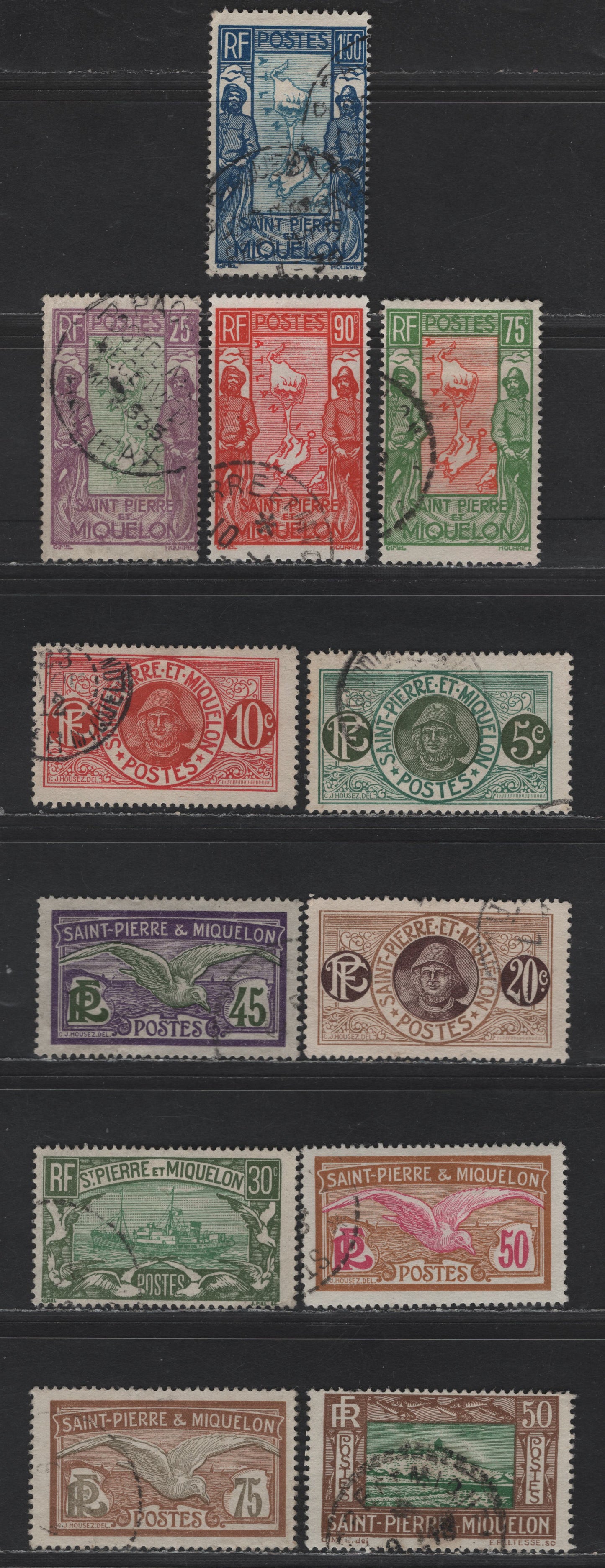 Lot 90 St Pierre & Miquelon SC#82, 84, 87, 96, 99, 102, 143-144, 147, 149-150, 153 5c - 1.5fr Blue Green & Olive Green - Deep Blue & Blue Fisherman - Map & Fisherman, 1909-1933 Pictorial Definitive Issues, 12 Fine/Very Fine Used Singles