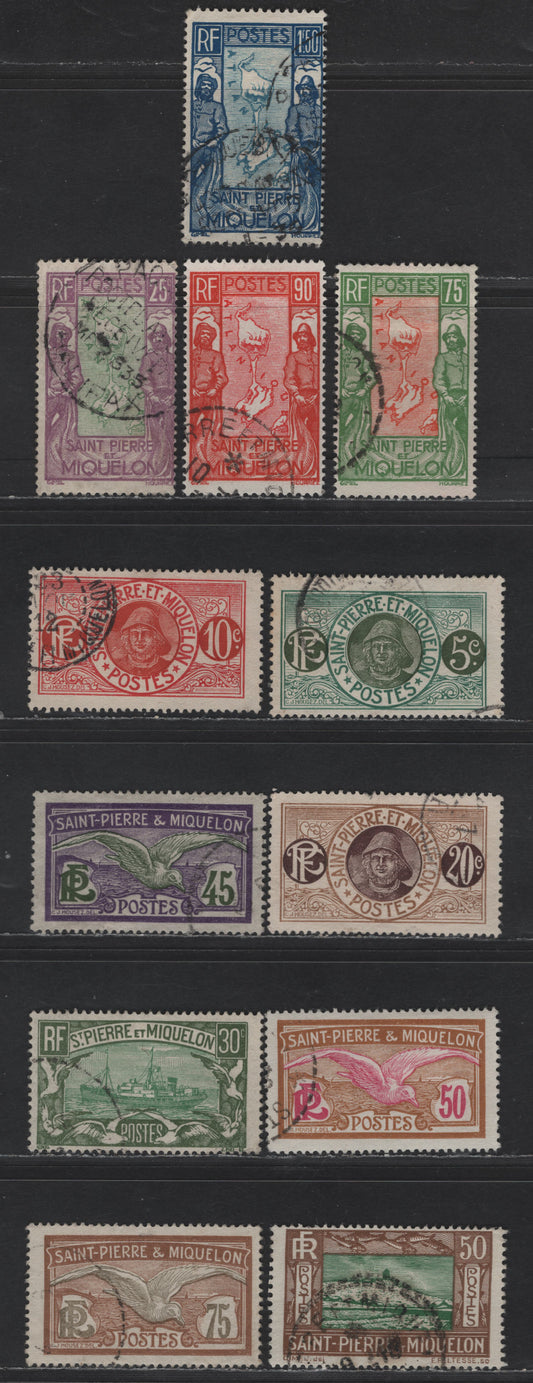 Lot 90 St Pierre & Miquelon SC#82, 84, 87, 96, 99, 102, 143-144, 147, 149-150, 153 5c - 1.5fr Blue Green & Olive Green - Deep Blue & Blue Fisherman - Map & Fisherman, 1909-1933 Pictorial Definitive Issues, 12 Fine/Very Fine Used Singles