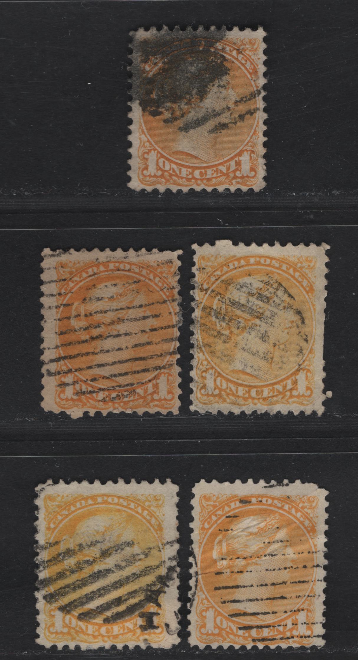 Lot 9 Canada #35d, 3vii & 35iii 1c Orange, Yellow, Rellow Orange, Dull Yellow & Bright Lemon Yellow Queen Victoria, 1870-1893 Small Queen Issue, 5 Ungraded Used Singles, Mid Montreal Printings, Paper Types MM-B & MM-F, Perfs 11.5x12 & 11.75x12