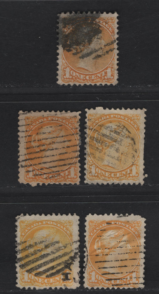 Lot 9 Canada #35d, 3vii & 35iii 1c Orange, Yellow, Rellow Orange, Dull Yellow & Bright Lemon Yellow Queen Victoria, 1870-1893 Small Queen Issue, 5 Ungraded Used Singles, Mid Montreal Printings, Paper Types MM-B & MM-F, Perfs 11.5x12 & 11.75x12