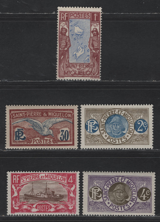 Lot 91 St Pierre & Miquelon SC#80-81, 92, 136, 138 2c - 4c Olive & Deep Blue - Magenta & Olive Brown Fisherman - Fishing Steamer & Sea Gulls, 1909-1933 Pictorial Definitive Issues, 5 F/VFNH Singles