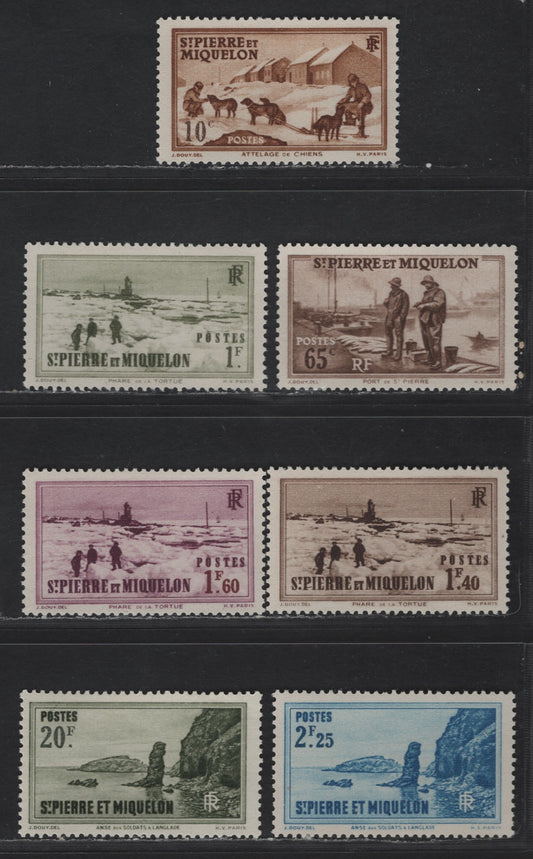 Lot 92 St Pierre & Miquelon SC#176/204 10c - 20fr Bistre Brown - Slate Green Dog Team - Soldiers Bay At Langlade, 1938-1940 Photogravure Pictorial Issue, 7 F/VFNH Singles