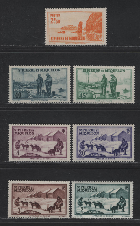 Lot 93 St Pierre & Miquelon SC#172-174, 178, 182-183, 200 2c - 2.50fr Dark Blue Green - Orange Yellow Dog Team - Soldiers Bay At Langlade, 1938-1940 Photogravure Pictorial Issue, 7 F/VFNH Singles