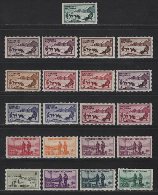 Lot 94 St Pierre & Miquelon SC#172/192 2c - 1fr Dark Blue Green - Pale Olive Green Dog Team - Tortue Lighthouse, 1938-1940 Photogravure Pictorial Issue, 21 F/VFOG Singles