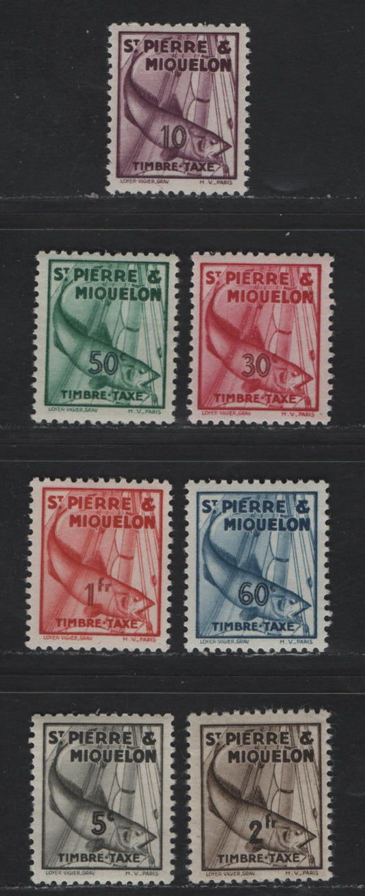 Lot 95 St Pierre & Miquelon SC#J32-J40 5c - 2fr Gray Black - Gray Brown Codfish, 1938 Postage Due Issue, 7 F/VFNH Singles