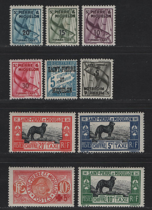 Lot 96 St Pierre & Miquelon SC#B1, J10, J21-J23, J32-J36 10c+5c - 30c Carmine Rose & Red - Rose Carmine Fisherman - Codfish, 1925-1938 Semi Postal & Postage Dues, 10 VFOG Singles