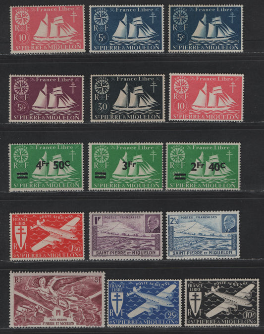 Lot 97 St Pierre & Miquelon SC#300-301, 303, 311, 318-320, 206A-B, C2, C4, C5 5c - 8fr Dark Blue - Deep Claret St. Malo Fishing Schooner - Victory, 1942-1946 St. Malo & Airmail Issues, 15 F/VFOG/NH Singles