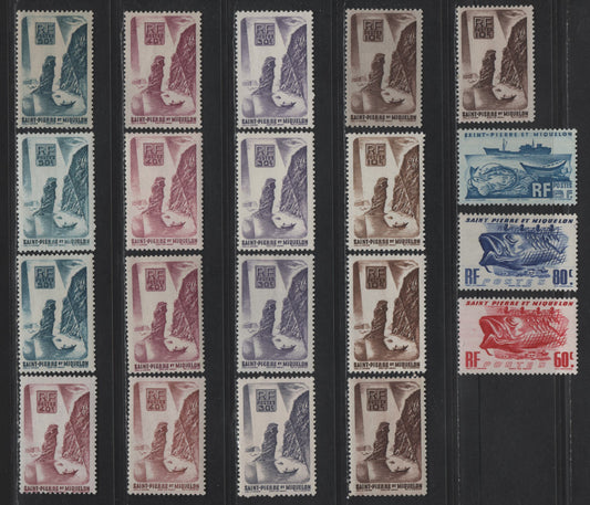 Lot 98 St Pierre & Miquelon SC#324-329, 338 10c - 6f Chocolate - Blue Soldier's Bay - Fishing Boat & Derby, 1947 Pictorial Issue, 20 VFOG/NH Singles, Shade Varieties