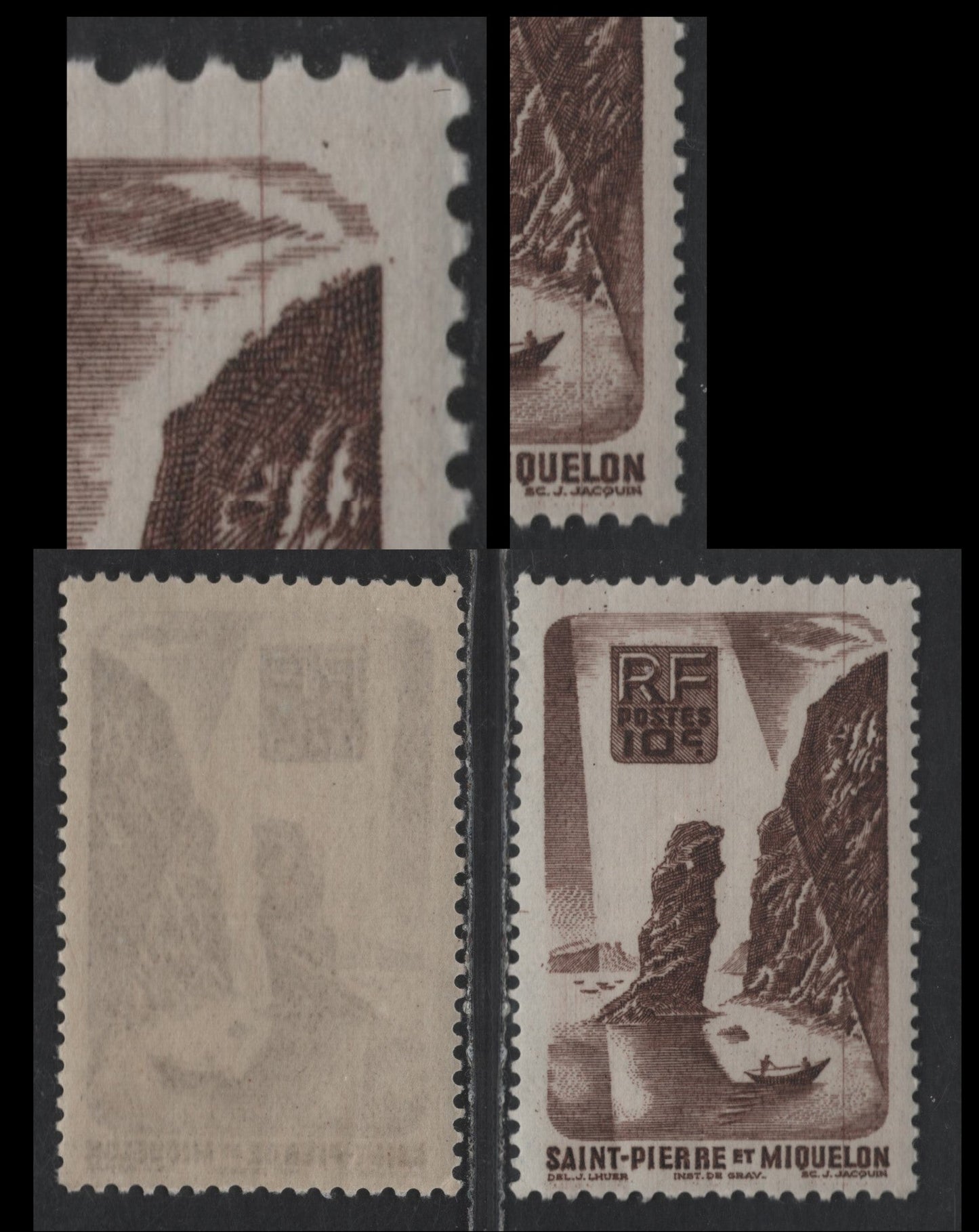 Lot 99 St Pierre & Miquelon SC#324var 10c Chocolate Soldier's Bay, 1947 Pictorial Issue, A VFNH Single, Vertical Line Through The Design, Unlisted