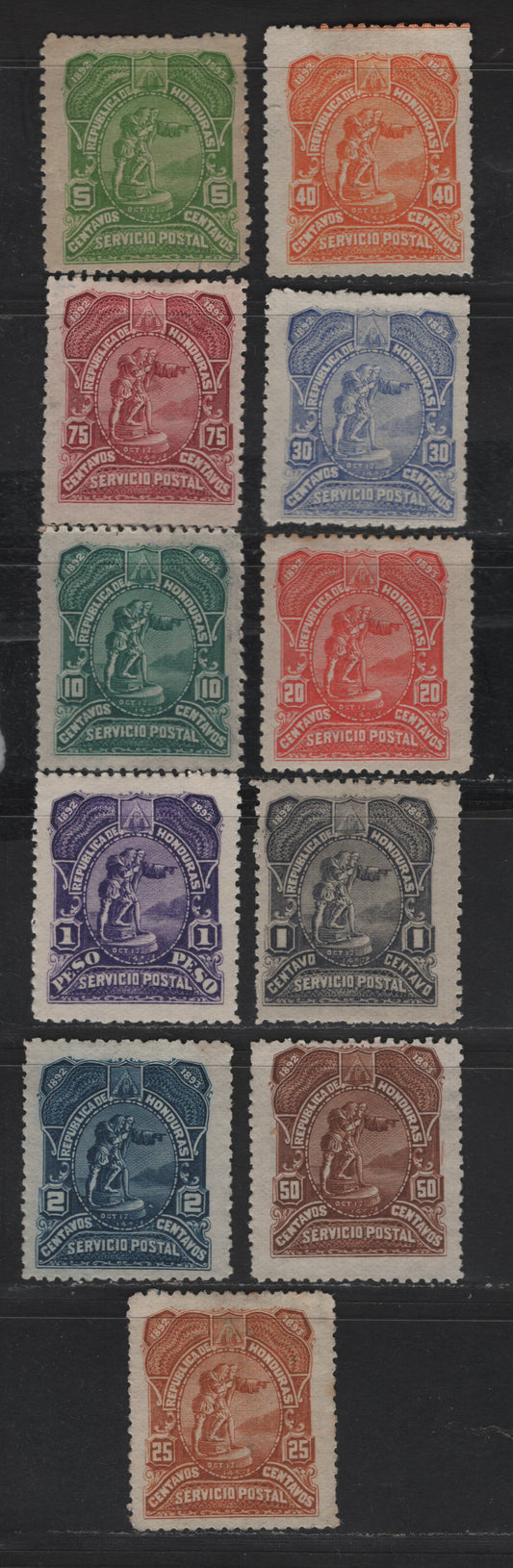 Lot 100 Honduras SC#65-75 1c - 1p Slate - Purple Discover of America, 1892 Discovery of America Seebech Issue, 11 F/VFOG & Unused Singles, 2c, 25c & 50c No Gum