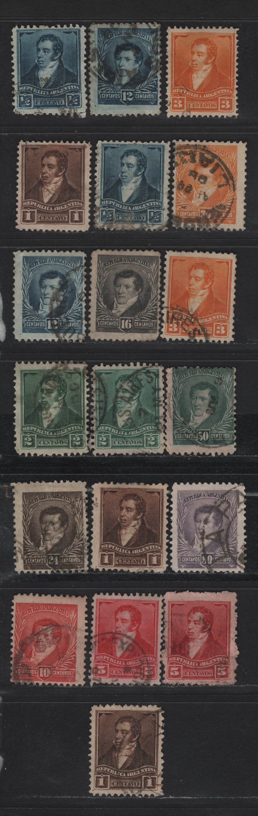 Lot 10 Argentina SC#106b, 107-112, 114-117, 106Eb, 109E,107E, 112E 1/2c - 80c Indigo - Dull Violet Rividavia, Belgreno & San Martin, 1896-1897 Rividavia, Belgreno & San Martin Issue, 19 Fine/Very Fine Used Singles, Perfs 11.5 & 12, Large Sun Wmk