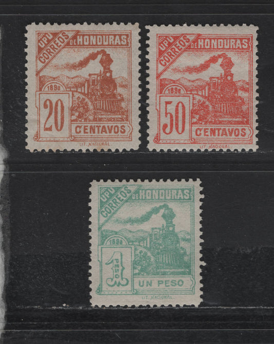 Lot 104 Honduras SC#108-110 20c - 1p Dull Orange - Blue Green Trains, 1898 Train Definitive Issue, 3 VFNH Singles, These Are Original, As Evidenced By The Shape Of The Hill To The Right Of Smoke Stack