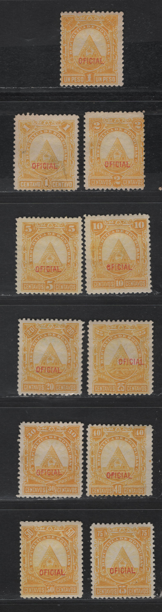 Lot 107 Honduras SC#O1-O11 1c - 1p Pale Yellow Arms, 1890 Arms Official Issue, 11 F/VFOG & Unused Singles, Never Issued, 1c Has No Gum
