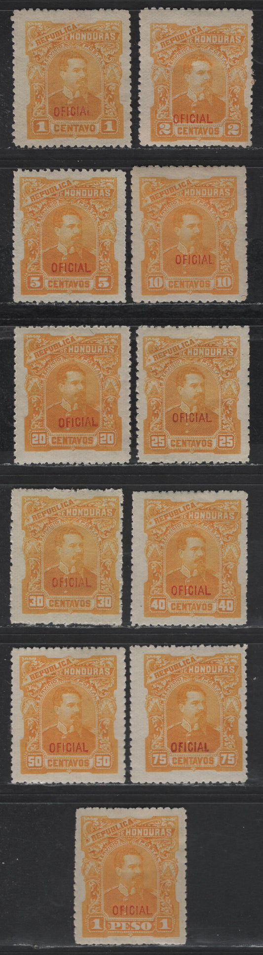 Lot 108 Honduras SC#O12-O22 1c - 1p Yellow Portraits, 1891 Official Overprinted Issue, 11 F/VFOG Singles
