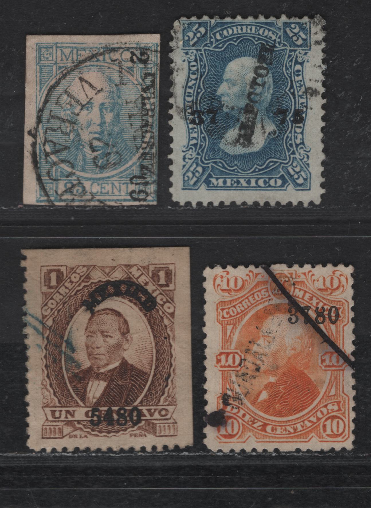 Lot 110 Mexico SC#61, 108-109, 123 25c - 1c Blue on Pink - Brown Hidalgo- Juarez, 1868-1879 Hidalgo- Juarez Issues, 4 Fine/Very Fine Used Singles