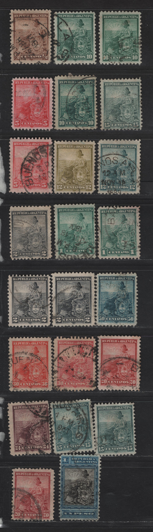 Lot 11 Argentina SC#122-124, 127, 134-135, 137-139 1/2c - 1p Yellow Brown - Black & Blue Seated Liberty, 1899-1903 Seated Liberty Issue, 23 Fine/Very Fine Used Singles, Perf 11.5, Includes Shade Varieties