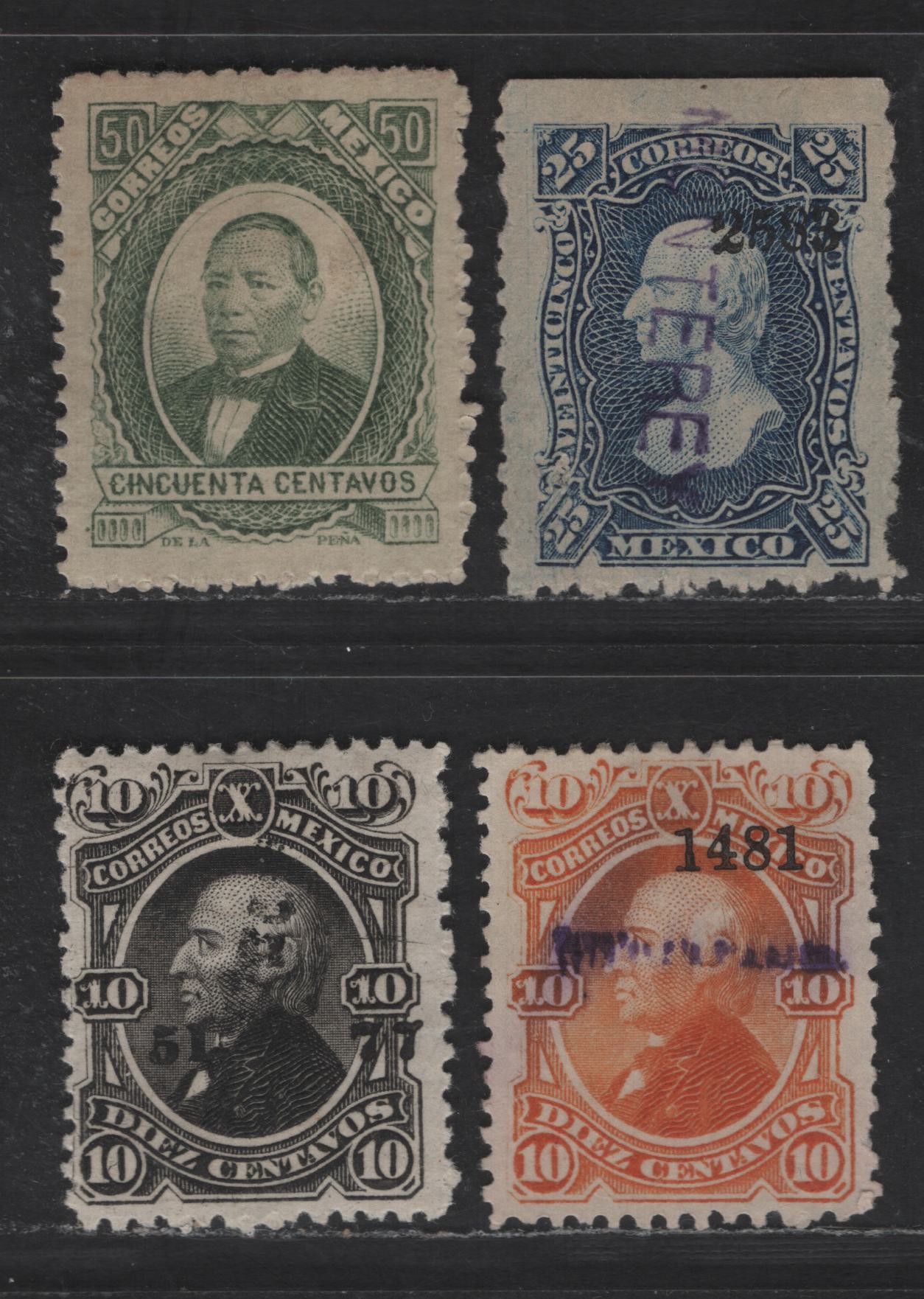 Lot 111 Mexico SC#107a, 108, 120, 128a 10c - 50c Black - Green Hidalgo- Juarez, 1874-1880 Hidalgo- Juarez Issues, 4 F/VFOG & Unused Singles, 107a, 120 No Gum