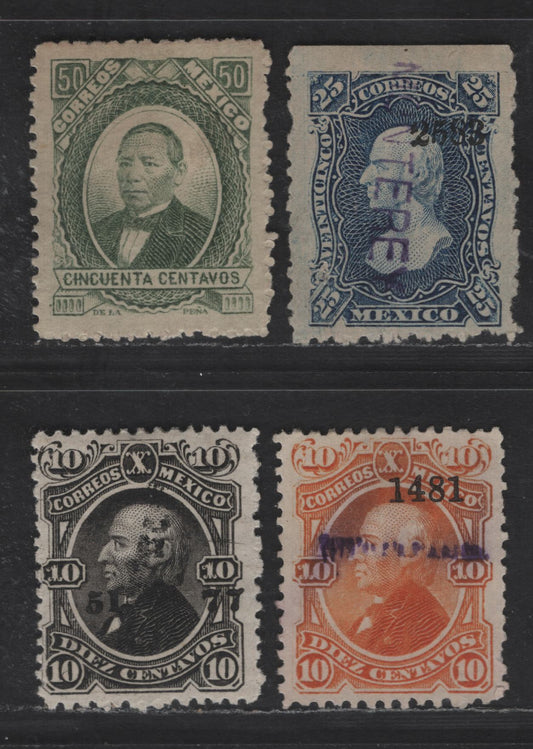 Lot 111 Mexico SC#107a, 108, 120, 128a 10c - 50c Black - Green Hidalgo- Juarez, 1874-1880 Hidalgo- Juarez Issues, 4 F/VFOG & Unused Singles, 107a, 120 No Gum