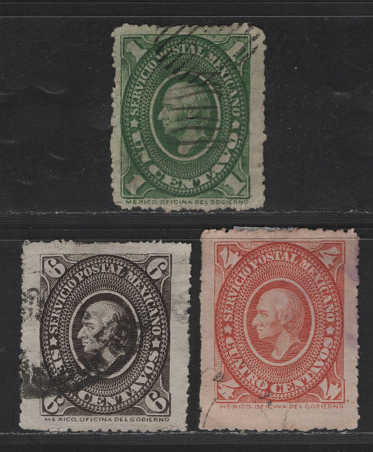 Lot 112 Mexico SC#150, 168, 170 1c - 6c Green - Black Hidalgo Issue, 1884-1885 Hidalgo Issue, 3 Very Fine Used Singles, Perf 12, Typical Rough Perfs