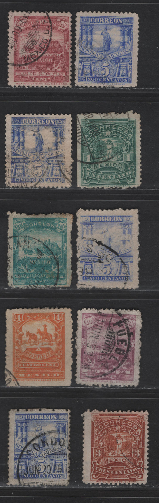 Lot 117 Mexico SC#244d, 247-248, 260-261, 263, 279, 283, 287 3c - 20c Orange Brown - Brown Rose Mail Coach, 1895-1898 Pictorial Issue, 10 Fine/Very Fine Used Singles, Wmk 152 'Correos RUM', Wmk RM Interlaced & Unwatermarked, Perf 12