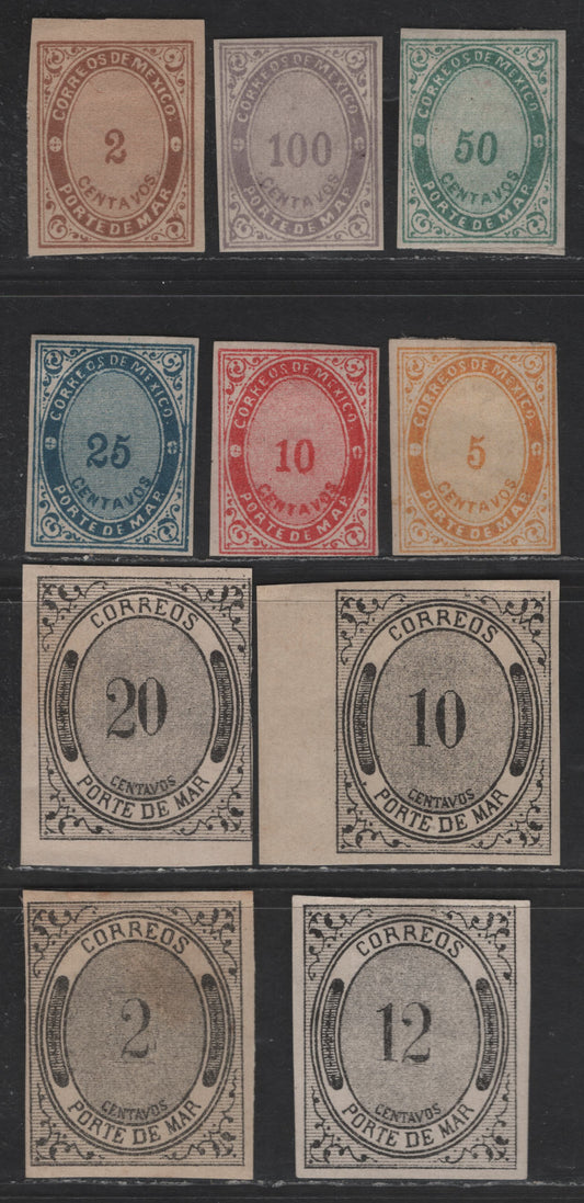 Lot 118 Mexico SC#JX9-JX12, JX26-JX31 2c - 100c Black - Grayish Purple Numerals, 1875-1879 Porte de Mar Issue, 10 VG/F/VGOG & Unused Singles, Black Stamps Have All been Checked & Verified As Genuine
