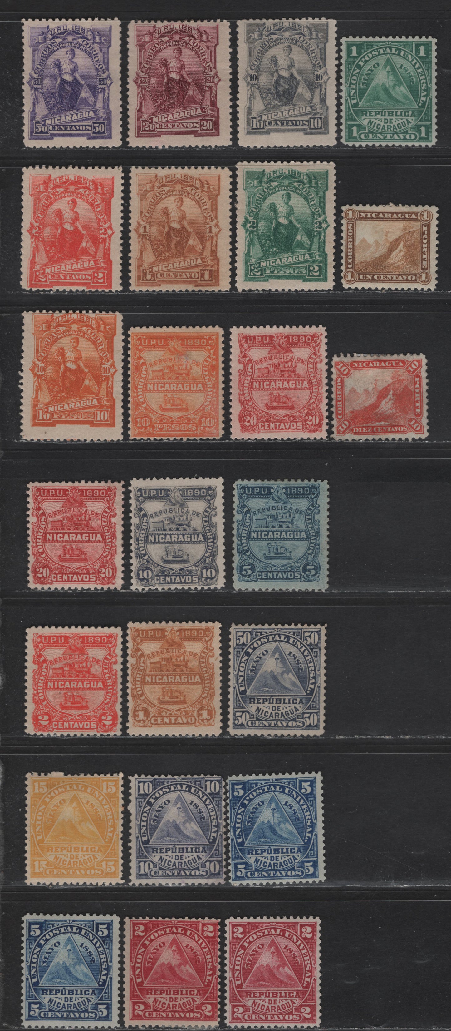 Lot 119 Nicaragua SC#3, 6, 13-17, 19, 20-24, 29, 30/39 1c - 10p Bistre - Orange Liberty Cap - Goddess of Plenty, 1869-1891 Liberty Cap On Mountain - Goddess Of Plenty Seebeck issues, 24 F/VFOG & Unused Singles, With Some Shades
